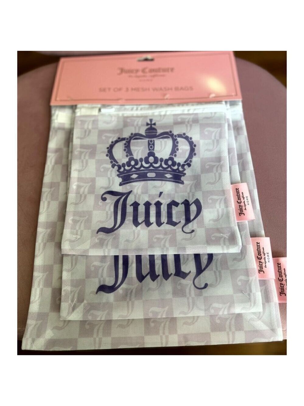 Juicy Couture JC Logo Set of 3 Mesh Wash Bags Purple Laundry Bags NWT